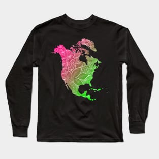 Colorful mandala art map of North America with text in pink and green Long Sleeve T-Shirt